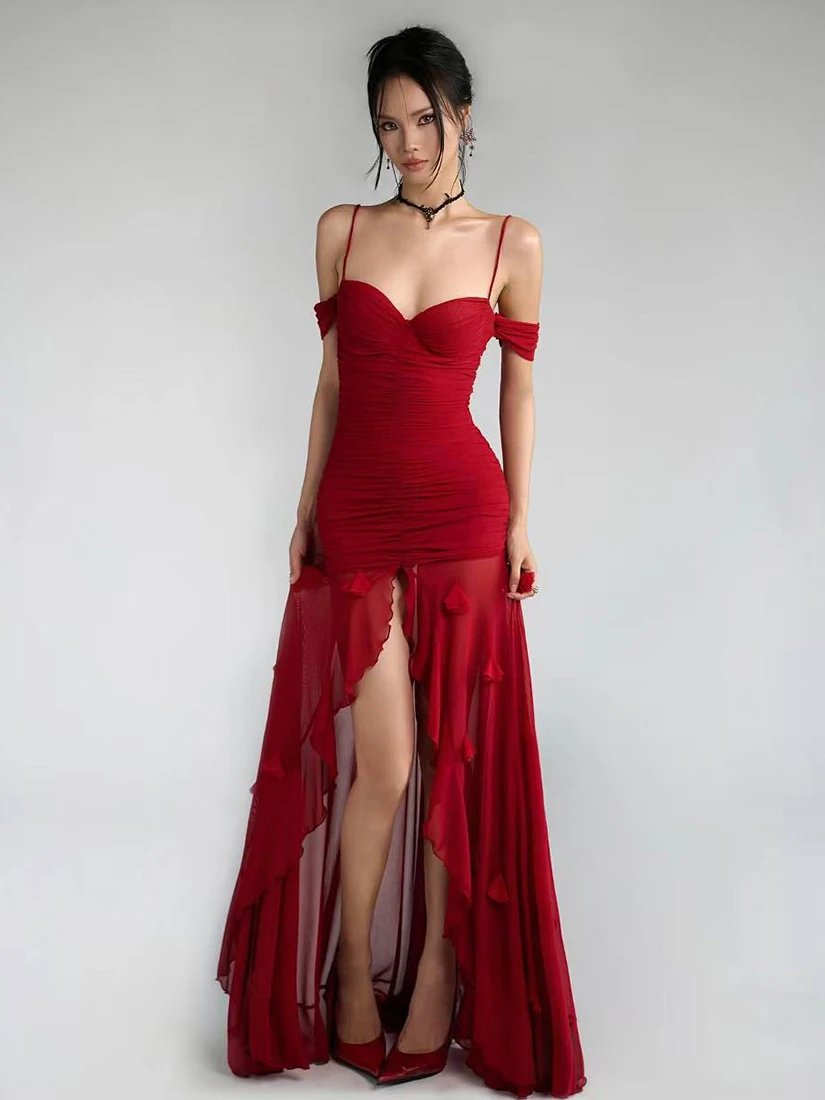 

WEIRD PUSS сексуальное винтажное красное кружевное длинное платье с разрезом, женское платье на бретельках, полиэфирная ткань No Sve V-Ne Bodycon Dr