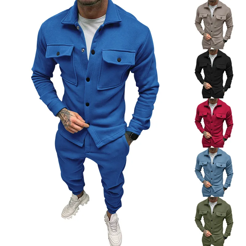 2025 Spring and Autumn Men's New Casual Jacket Suits Hot Sale Solid Color Suede Pocket Long Sleeve Trousers Two-Piece Set