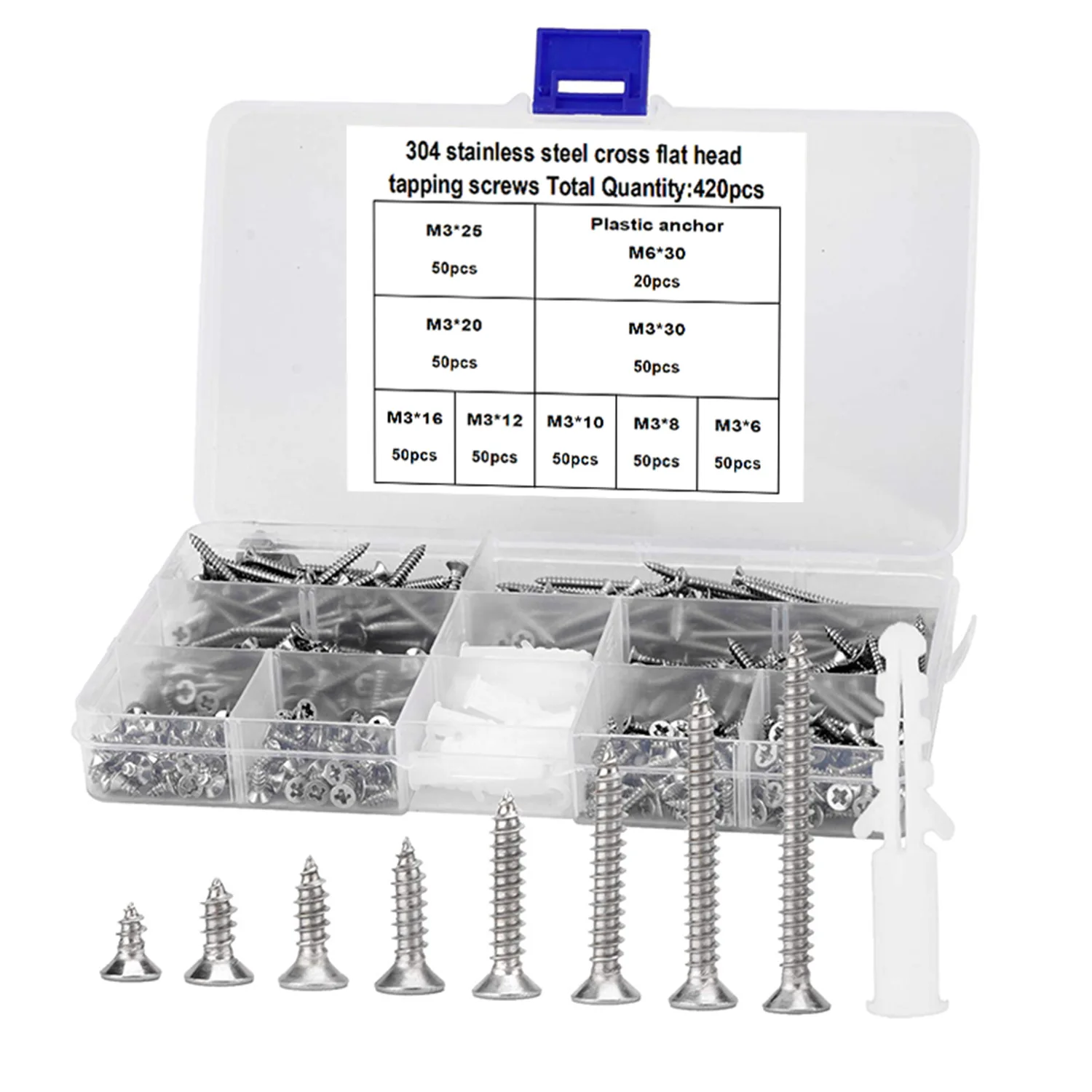 

420Pc M3 self tapping screw set Kit Box 304 Stainless Steel phillips flat countersunk head Wood screw M3x6/8/10/12/16/18/20/25mm