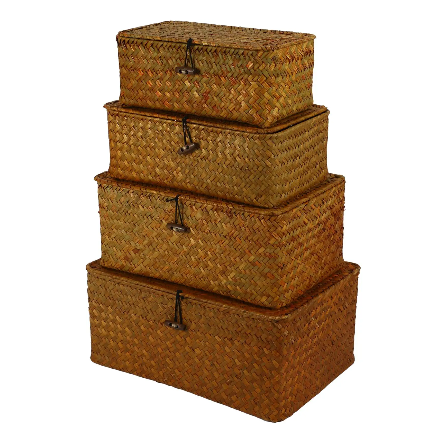 

Seagrass Storage Baskets with Lids, Woven Rectangular Basket Bins, Wicker Storage Organizer for Shelf, 4