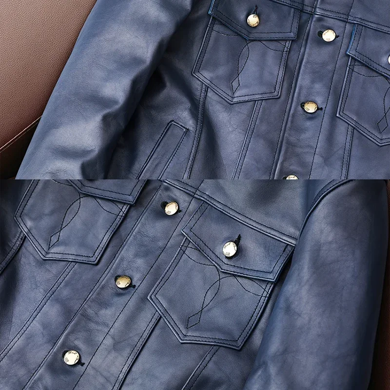 COPERSIAN Vintage Blue Men Leather Jacket Slim Fashion 100% Natural Cowhide Jackets Man Genuine Leather Coat Autumn Spring view 6