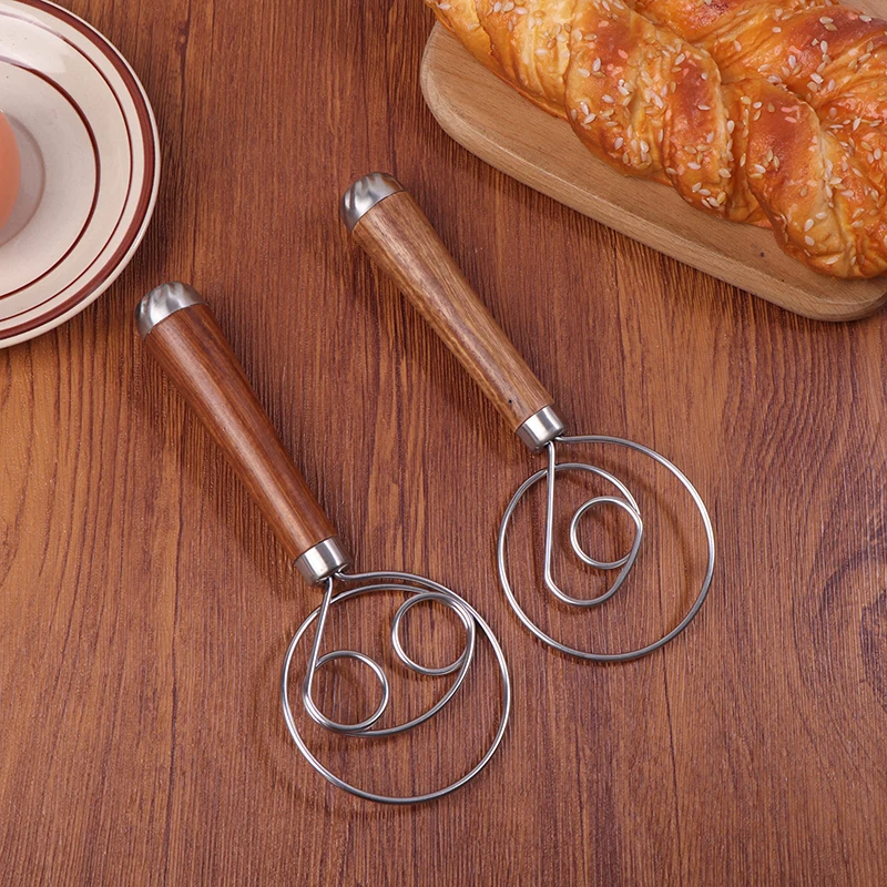 Danish Dough Whisk Wooden Handle Eggs Cream Mixing Rods Double Holes Flour Cake Stirrer Whisk Kitchen Baking Tools