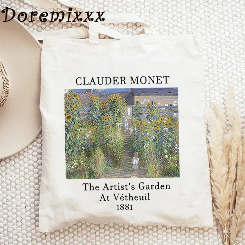 Claude Monet The Artist\'s Garden At Vétheuil Print Graphic Shoulder Bags Women Shopping Bag Retro Canvas Shopper Bags Tote Bag