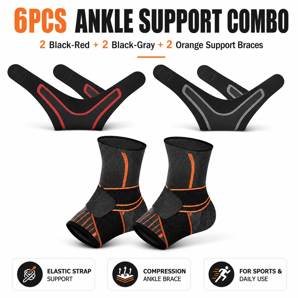 6PCS Ankle Support Combo Set, 2 Strap Wraps Black Red, 2 Black Gray, 2 Compression Braces for Sports Running Pain Relief Gym Use