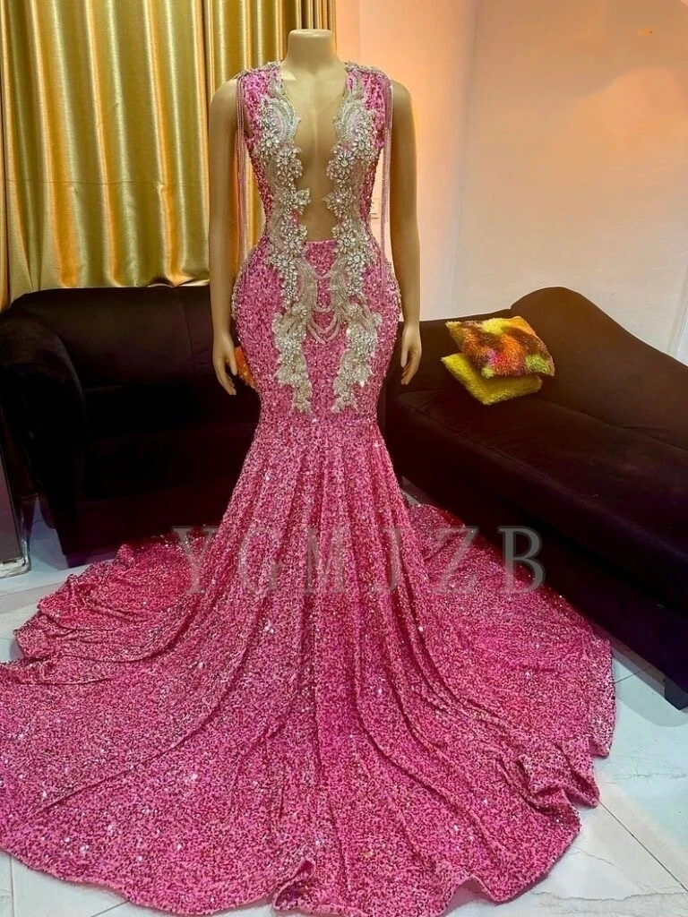 

Pink Sequined Prom Dresses Black Girls 2026 Luxury Sparkly Rhinestone Silver Formal Evening Birthday Party Gala Gowns Customized