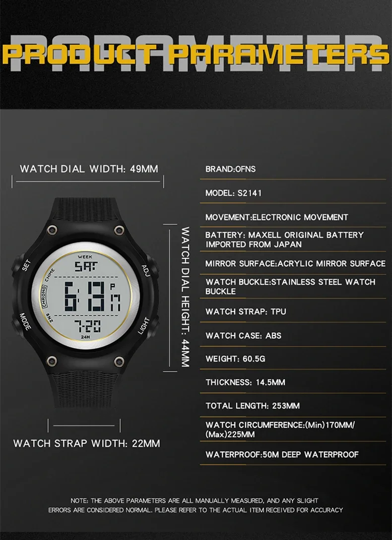 OFNS 2141 New 2024 Fashion Outdoor Sports Multi functional Waterproof Digital Movement LED Electronic Stop Watch Men's Watch