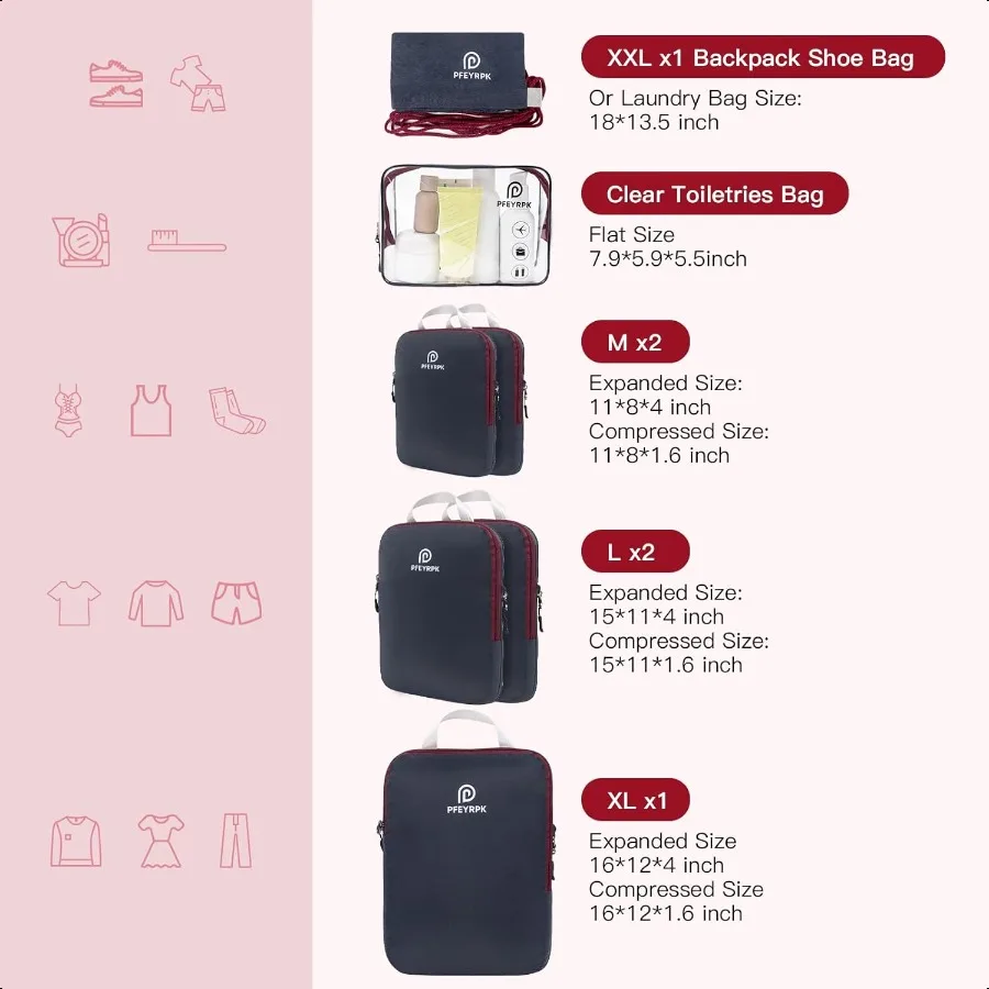 Lightweight Comprion Packing Cubes for Suitcases Comprible Expandable Travel Packing Organizer with Clear Toiletries and Backpa