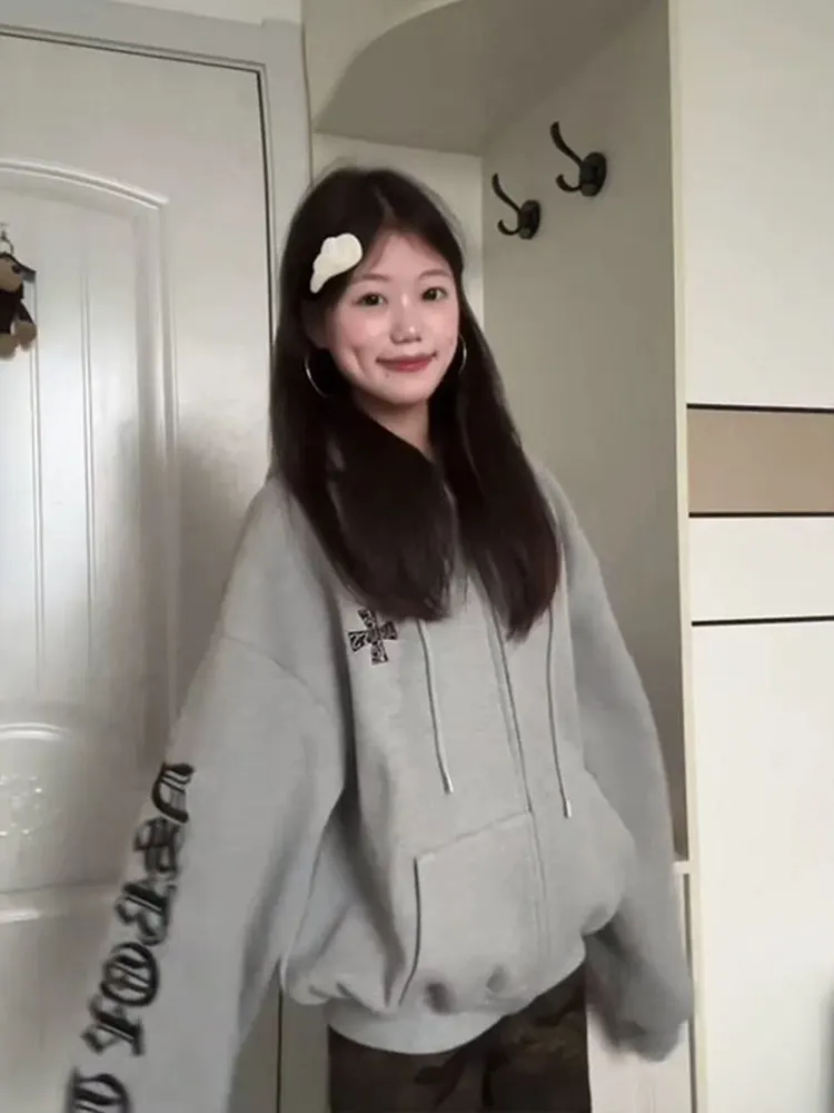 سترة نسائية بغطاء للرأس بسحاب متقاطع من American High Street سترة نسائية لربيع وخريف قوطي فضفاضة مفتوحة متعددة الاستخدامات ملابس خارجية غير رسمية عصرية