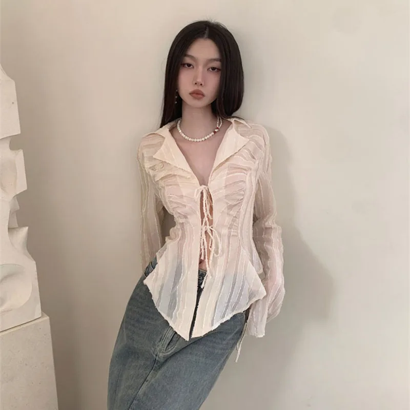 Gidyq Women Sexy Lace Up Blouse Korean Fashion Ladies Long Sleeve Shirt White Y2K Spring New Turn Collar Female Tops