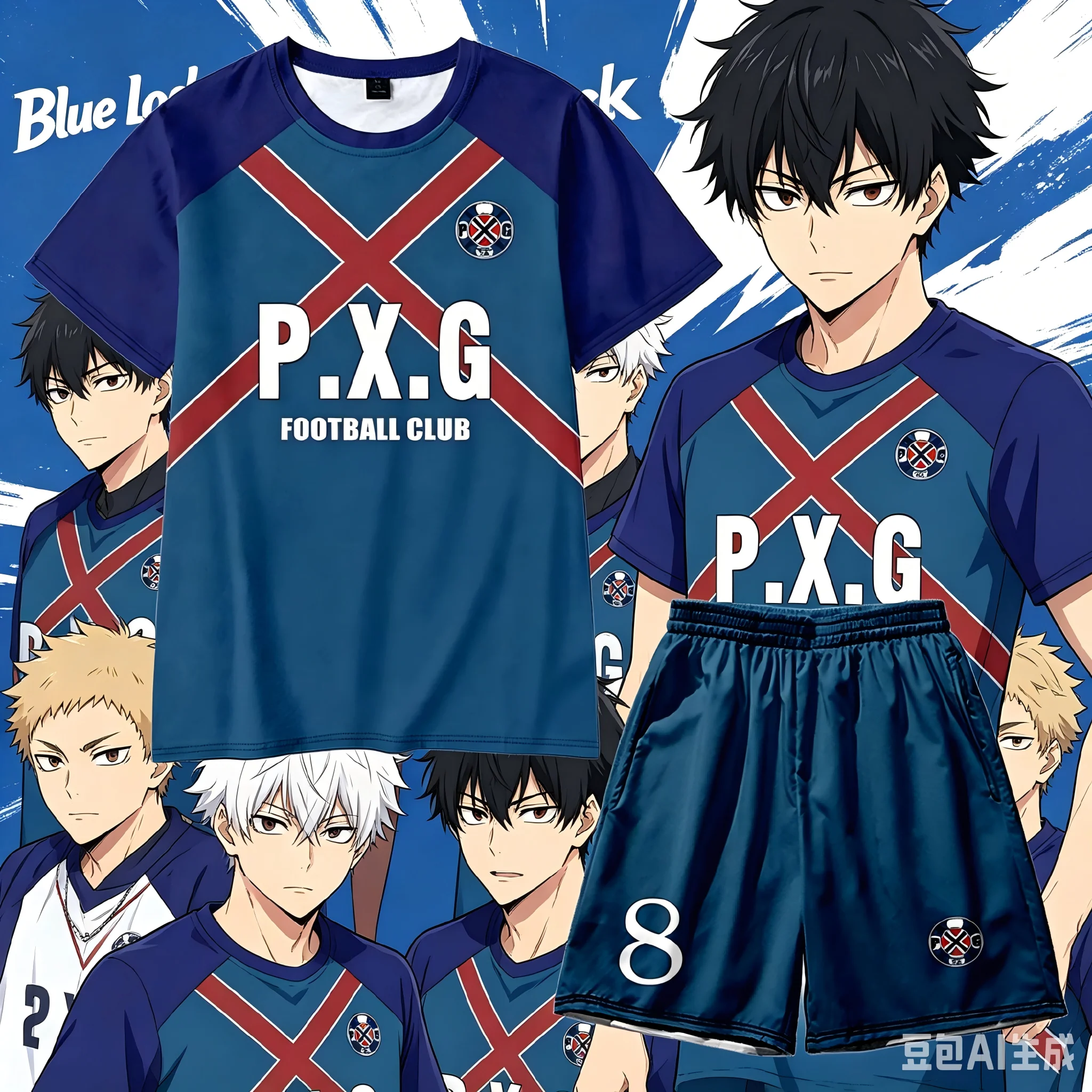 Summer Paris X Gen P.X.G Blue Locked Japanese Anime Soccer Jersey, No. 9 Shidou Rin Cosplay 3D Crew Neck T-Shirt and Shorts