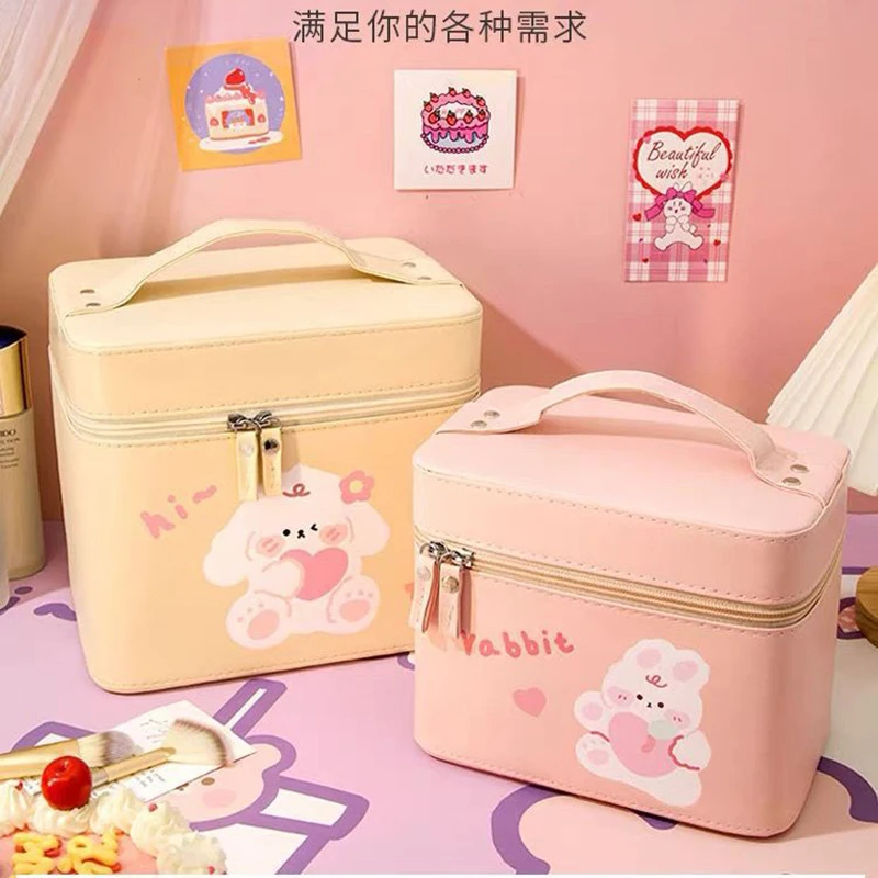 New PU Leather Cosmetic Case with Mirror Cute Makeup Storage Bag Large Capacity Premium Feeling Cosmetic Bag Luxury Makeup Bag