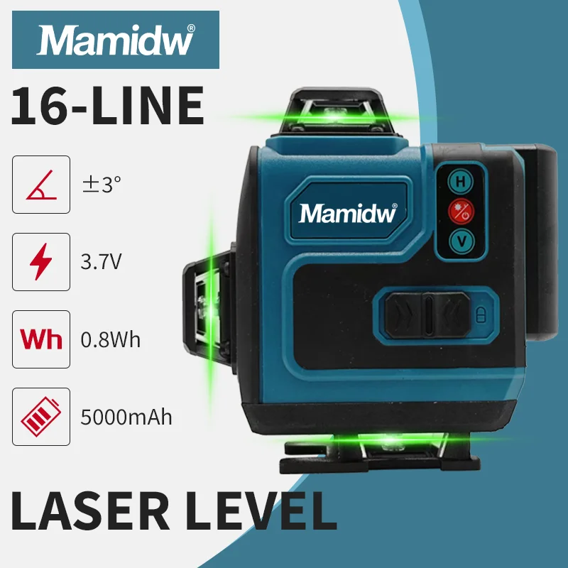 

Mamidw 16-линейный 4D лазерный уровень, высокоточный зеленый самовыравнивающийся портативный 360-градусный зеленый луч, горизонтальный вертикальный лазерный уровень