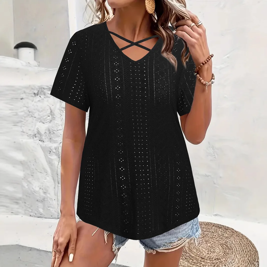 Y2K جديد الصيف المرأة عادية تنفس قصيرة الأكمام تي شيرت الخامس الرقبة مطوي الجاكار محبوك قمة المألوف فضفاض #4