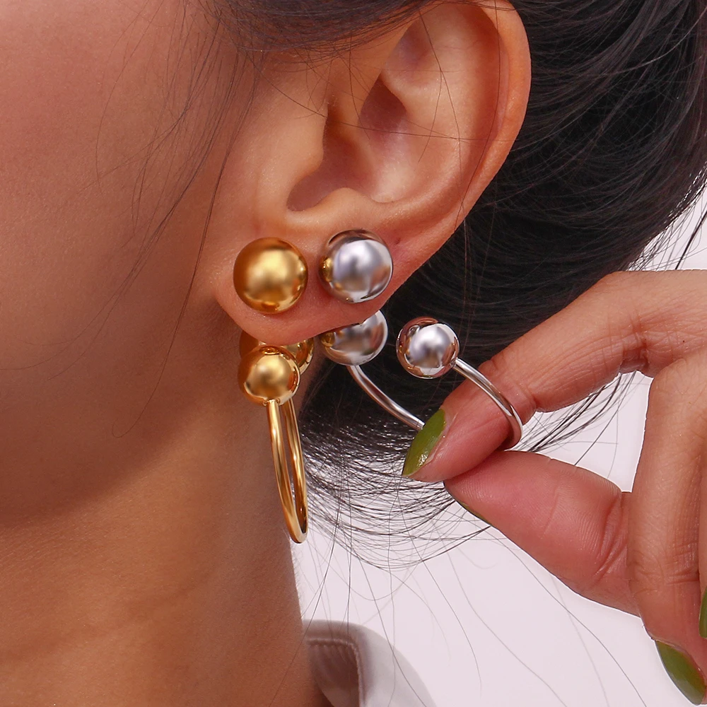 Modern Gold Plated Silver Color Stainless Steel Round Hoop Earrings For Women Front And Back Side Ball Stud Earrings For Women