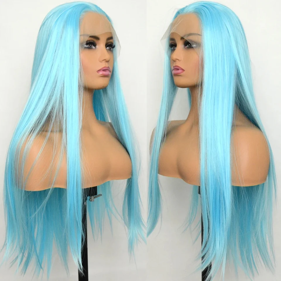 

T Part Lace Front Wig Sky Blue Synthetic Heat Resistant Fiber Tpart Wig Transparent Lace Front Deep Part Wig 24inches