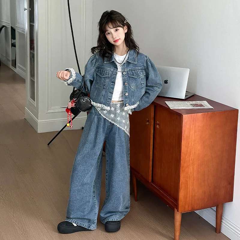 

Kawaii Girl Fashion Denim Jacket Jeans Set Student Spring Autumn Cartoon Casual Tops Long Pants 2-Piece Set Children's Clothing