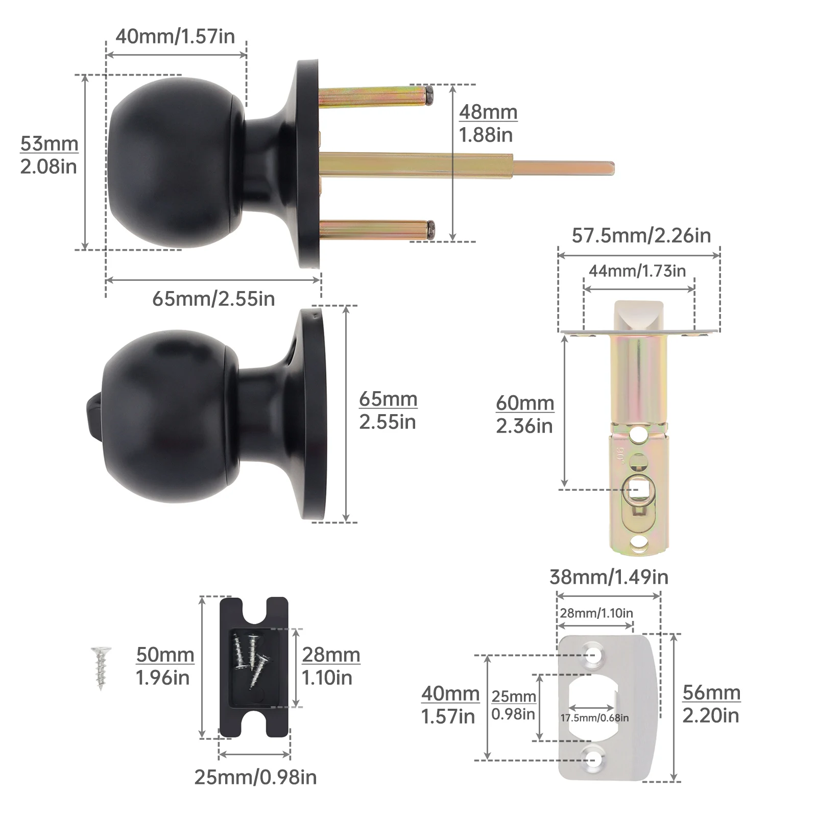 Imagem -06 - Maçaneta Fechaduras Interior e Exterior Porta Redonda Espessura de 181 97 in Fechadura da Porta de Madeira com Chave Pcs Aço Inoxidável Preto