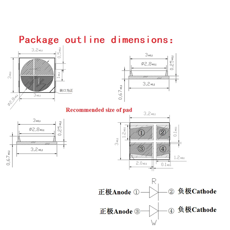 LED SMD 100 W, 3030 120 ° IR, 0.5 nm, blanc, Double couleur