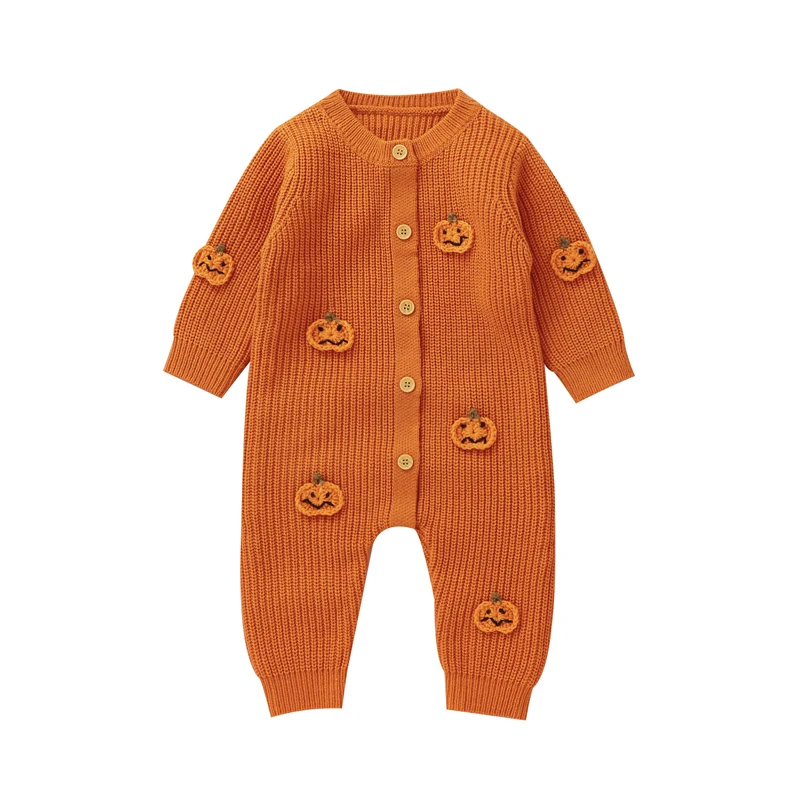 

Infant Boy Girl Pumpkin Sweater Romper Button Up Playsuit Long Sleeve Knit Jumpsuit Newborn Halloween Baby Clothes
