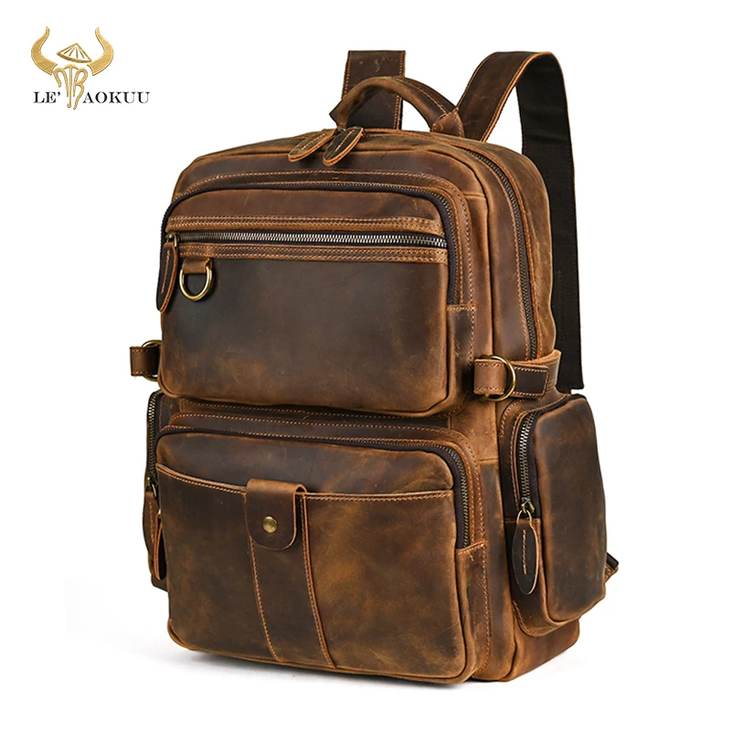 

Men Quality Crazy Horse Leather Vintage Travel University College School Book Bag Designer Male Backpack Daypack Laptop Bag 2086