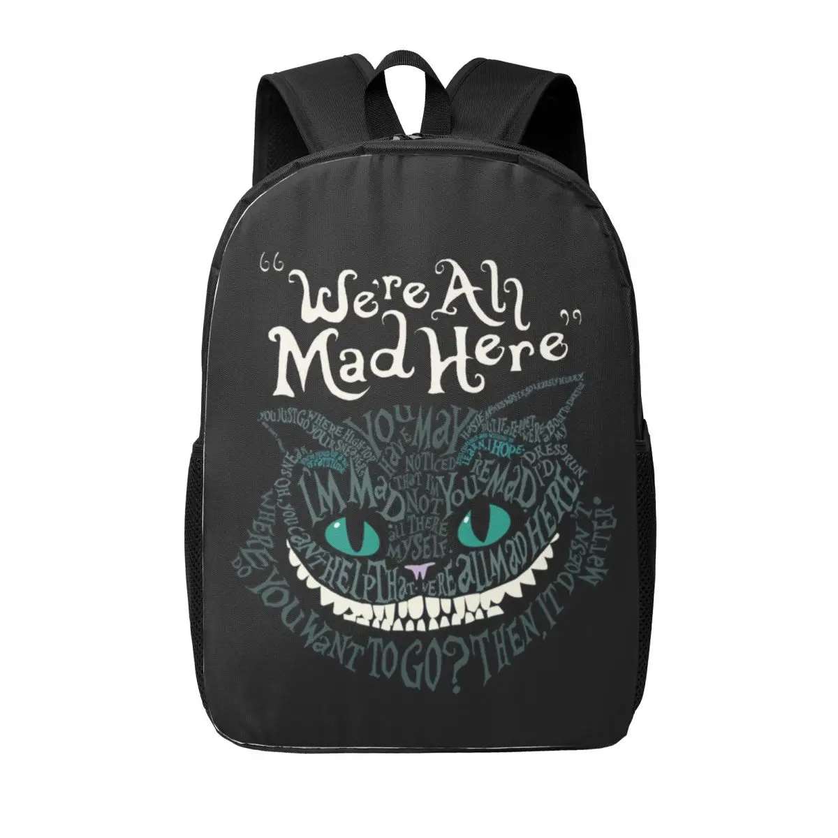 حقيبة ظهر مخصصة من شيشاير كات للرجال والنساء حقيبة كتب أساسية للمدرسة والكلية أليس نحن جميعًا جنون هنا حقائب بلاد العجائب