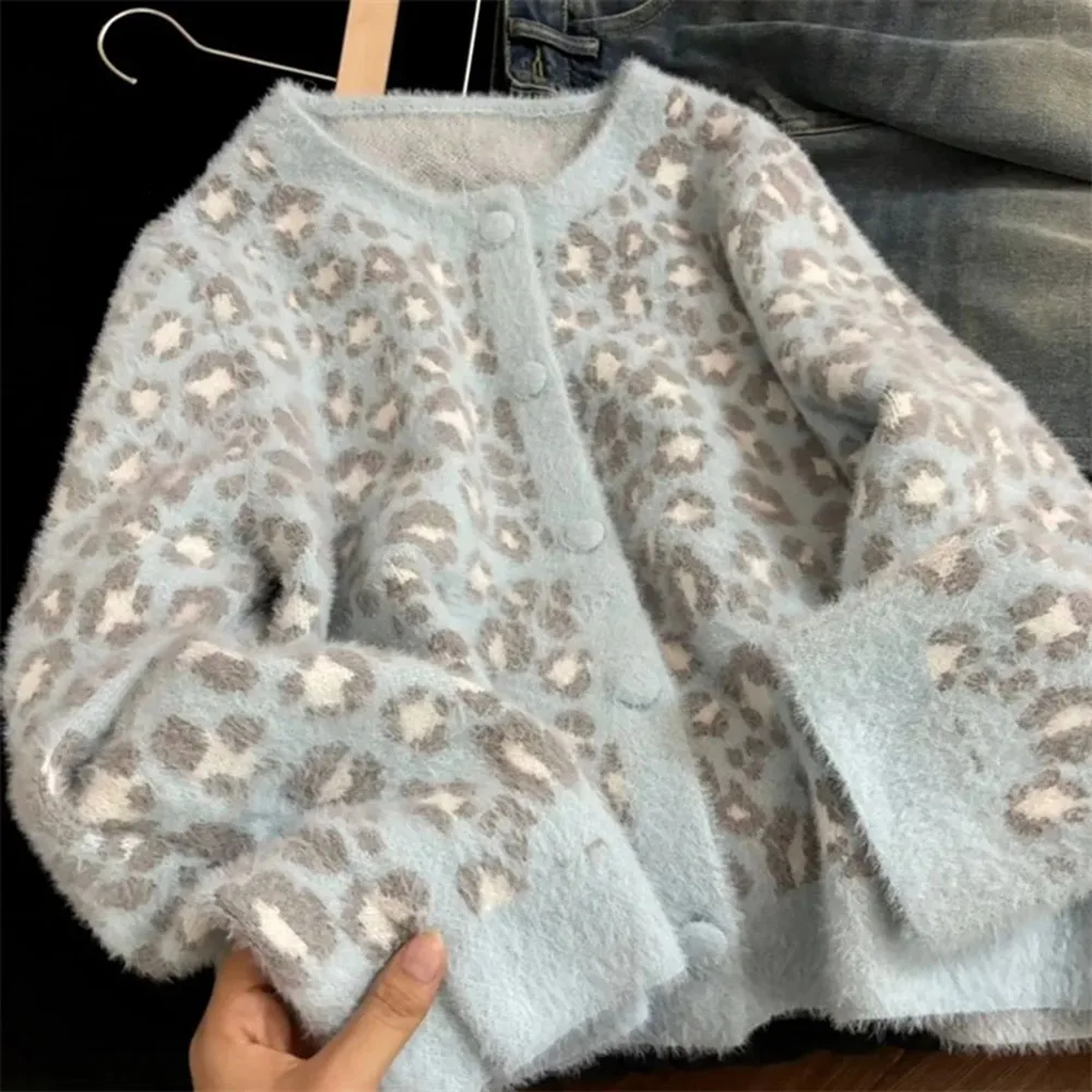 

Новая мода, осенний элитный женский вязаный кардиган с леопардовым принтом, свитер, женский корейский короткий женский трикотаж, топы, женская куртка