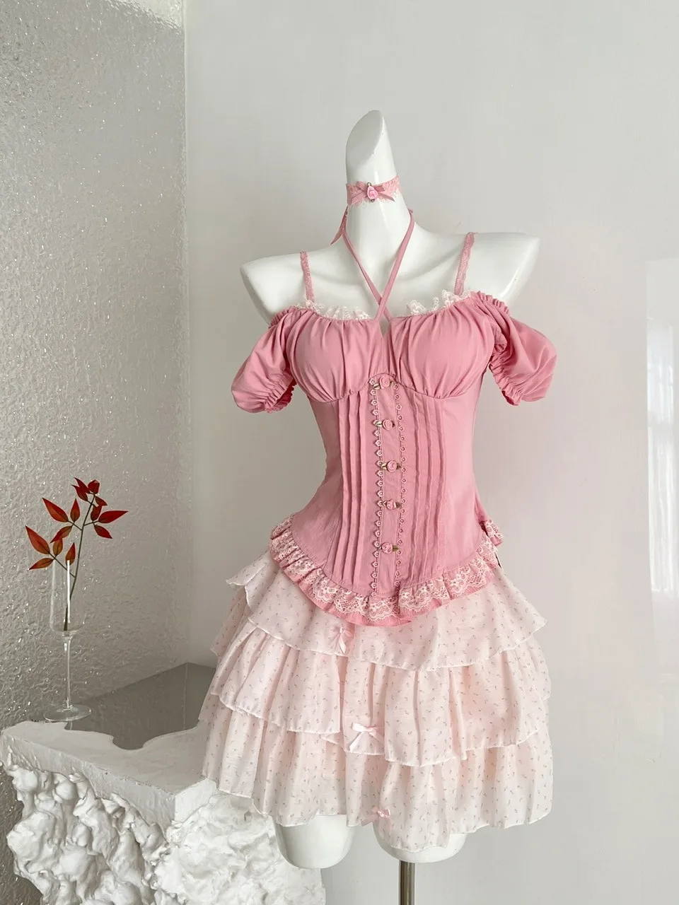 

Sweet Style Lace Splice Neck Hanging Top Half Skirt Two Piece Set Women Summer Slimming Outfit Short Sleeve Patchwork Ensemble