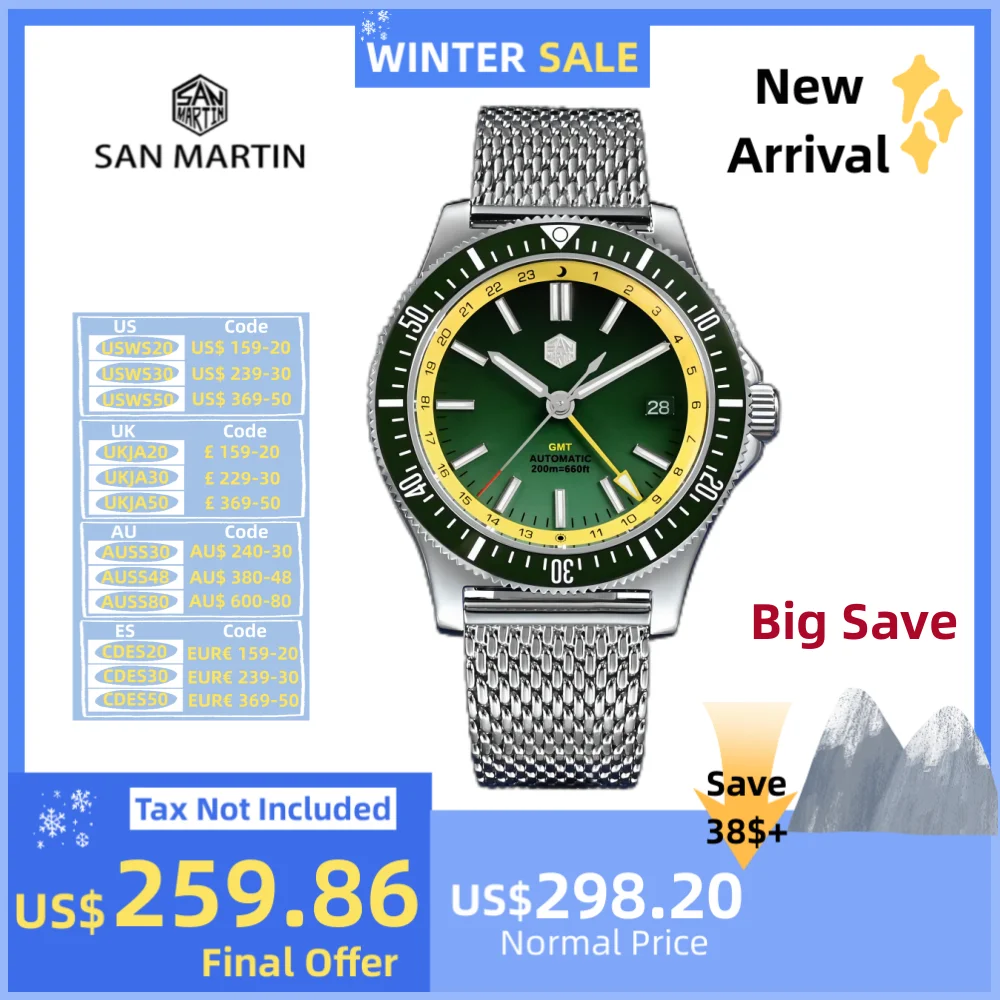 San Martin Original GMT 3H Date 41mm Automatic NH34 Wristwatch Mesh Bracelet Sapphire 200m Waterproof Relogios Masculino SN0119