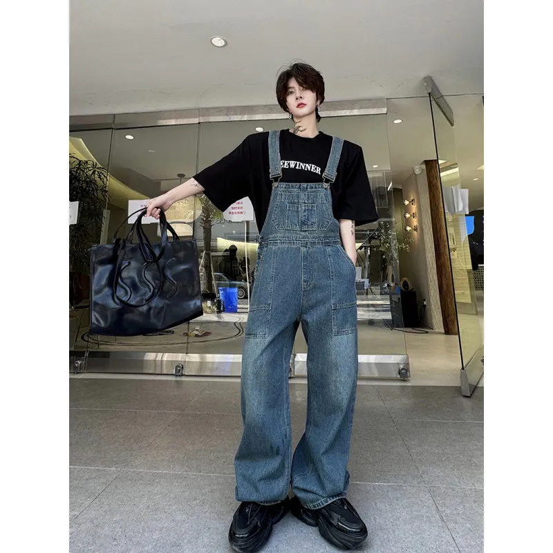 

Retro American Waed Denim Overalls Loose Workwear Design Straight Leg Casual Trousers for Men Youth Faion Spring Season