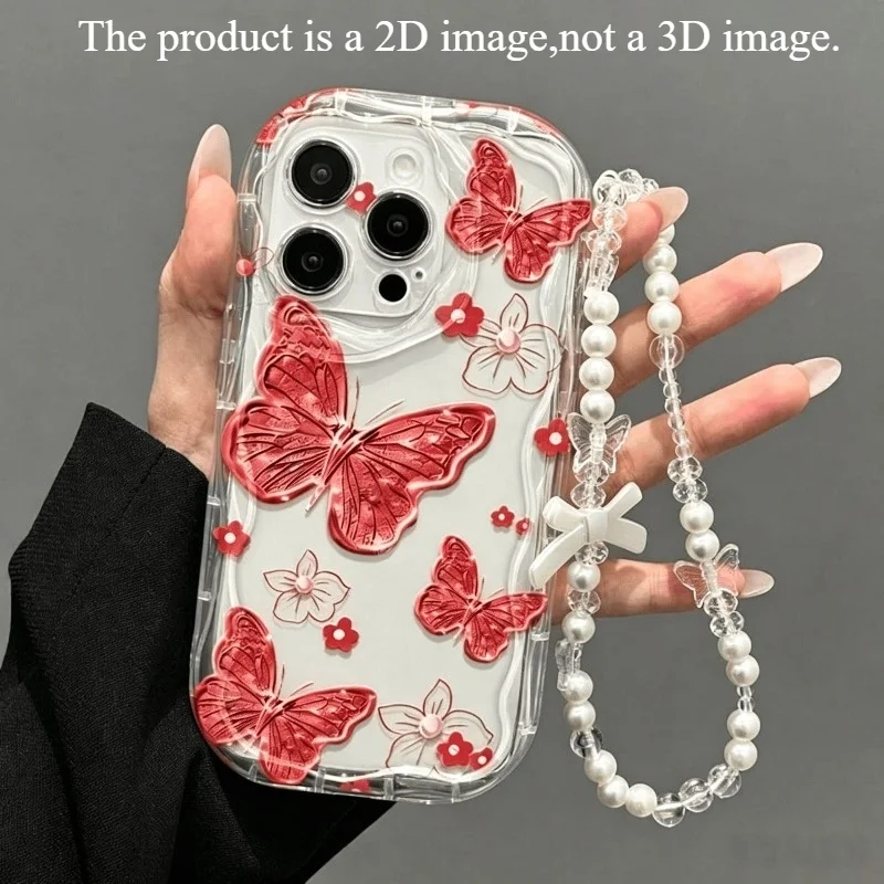 Lanyard Wrist Strap Red Butterfly Phone Case For Samsung Galaxy A57 A56 S25 S26 S23 S24 Plus Ultra A17 A27 A55 A37 A06  Cover