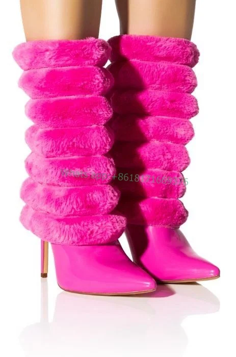 Fuchsia Fur Pointed Toe Stiletto High Heel Boots Fashion Lady Knee High Sexy Boots Luxury Women Shoes Party Fluffy 2023 Leather