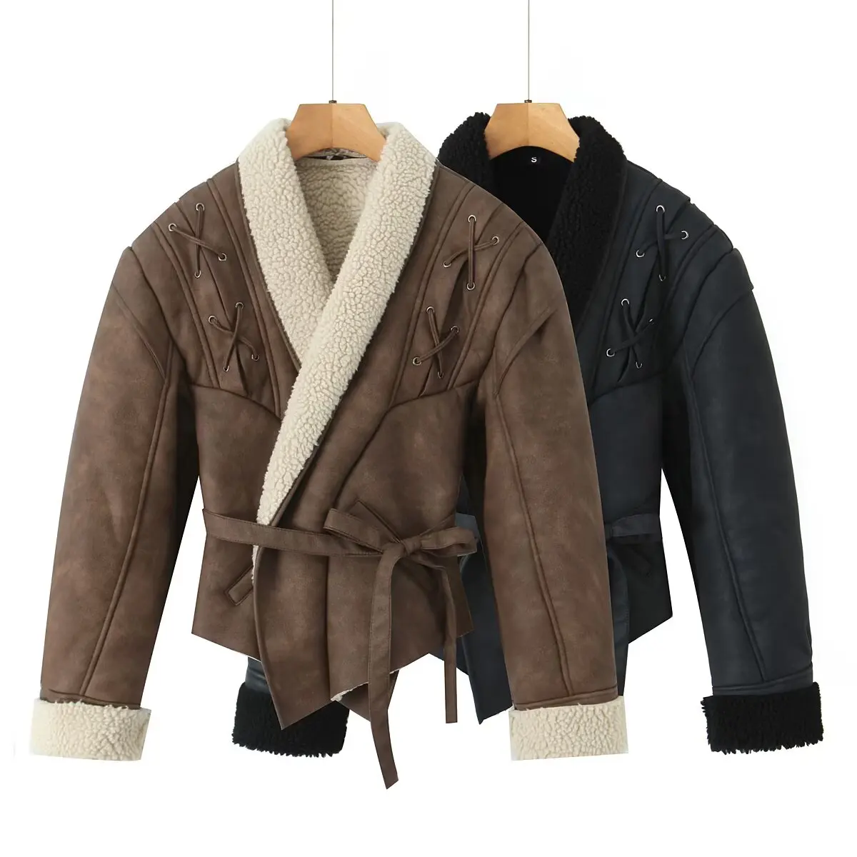 

Модная повседневная женская куртка H2827 из кожи и меха с поясом, универсальная теплая длинная куртка для женщин