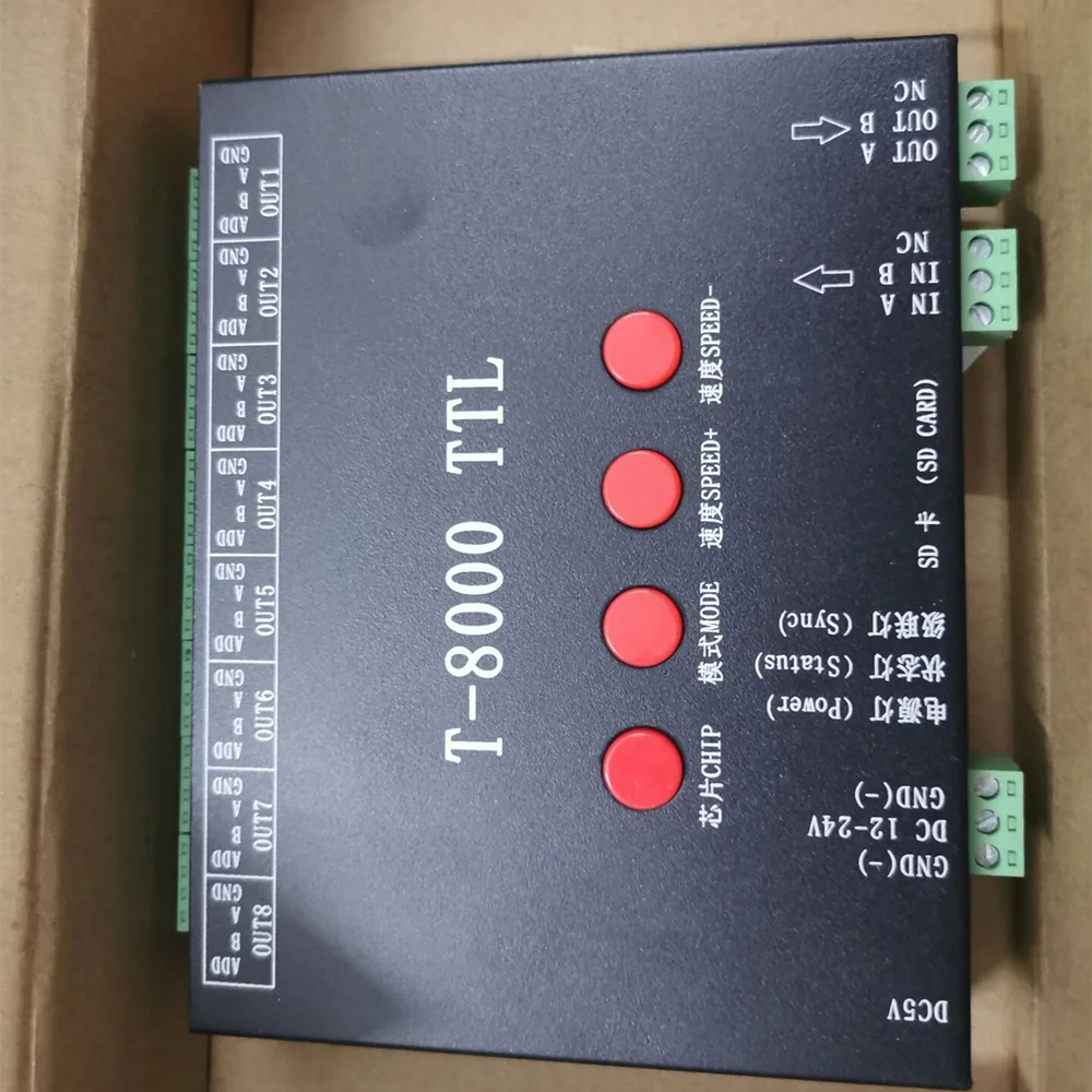 Controlador de píxeles LED con programa de tarjeta SD, cinta de luz LED, DC5V, 12V-24V, T-8000A, TTL, SPI, para ws2812b/WS2811/LPD6803/DMX512