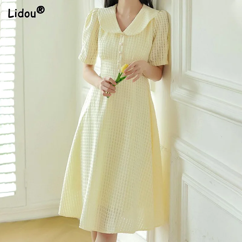 Pearl Buttons Puff Sleeve Preppy Style Knee-length Dresses Summer Peter Pan Collar Solid Pullover Women\'s Clothing Small Fresh