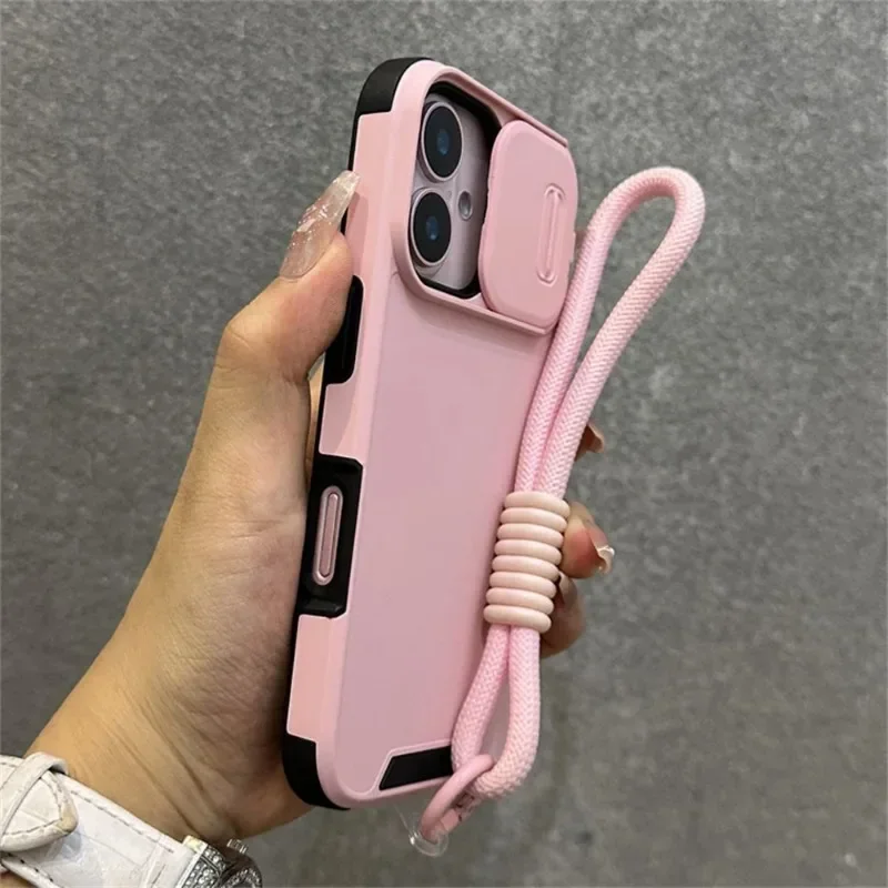 Armor Slide Window Protection Wrist Strap Cord Case for iPhone 16 15 13 12 11 14 Pro Max Plus Solid Color Bumper Lanyard Cover