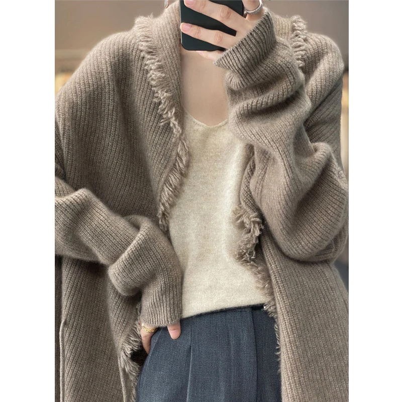 Women Clothing Stylish Lace Up Chic Oversized Cashmere Knitted Cardigan Vintage Streetwear Long Sleeve Asymmetrical Sweater Coat