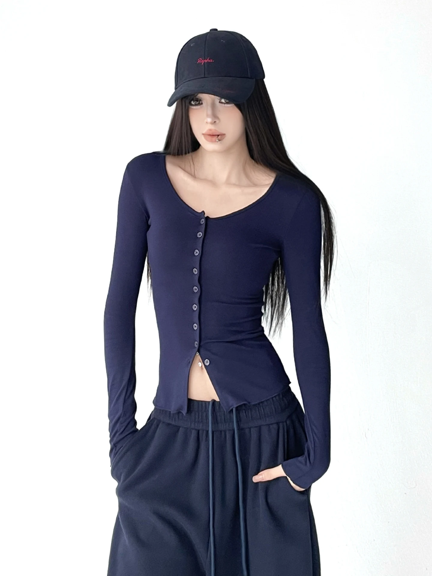 섹시한 순수한 욕망 버튼 가디건 티셔츠 여성용 2025년 신상 가을 겨울 슬림 핏 롱 슬리브 탑 여성 패션 슬리