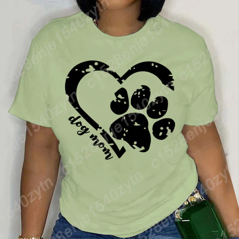 

Heart Dog Paw Dog Mom Graphic T-shirts For Women Summer Short Sleeve Round Neck Loose Tee Shirts Soft Solid Color Plus Size Tops