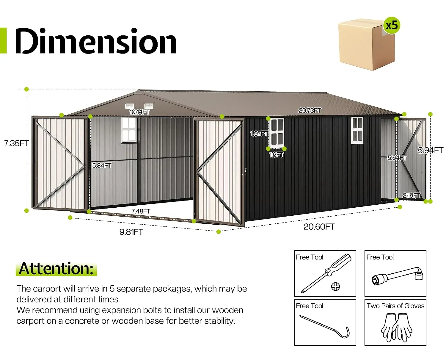 Enclosed Metal Carport Heavy Duty Outdoor Vehicle Shelter 10.1x20.7x7.3 FT, Customized