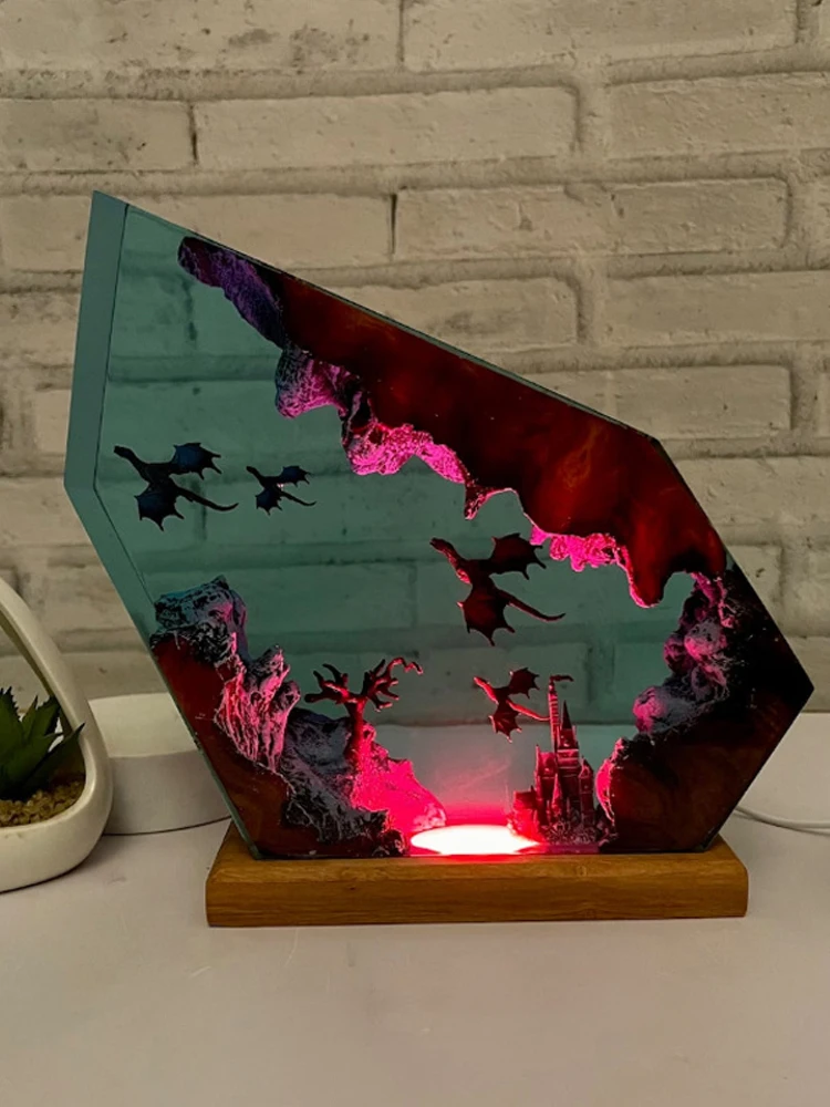 Lámpara de decoración de arte creactivo, luz de mesa de resina de organismo de salida de dragón, luz nocturna con tema de Dragón Volador, carga USB