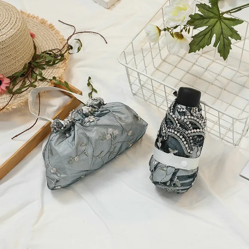 50% Lace Embroidered Vinyl Sun Umbrella UV Protection Parasol Double Layer Handbag Style Compact Folding for Women Ladies