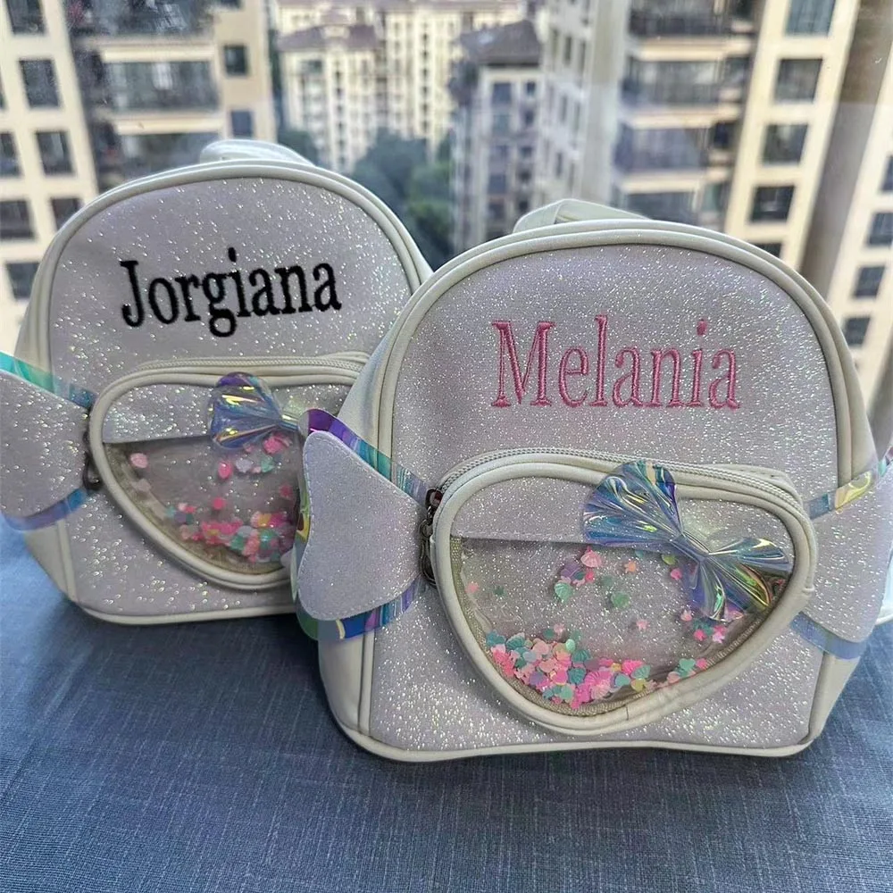 Mochila de guardería con nombre personalizado, mochila con lazo de amor para niña, mochila escolar transparente de princesa, bolsa bordada personalizada para niños