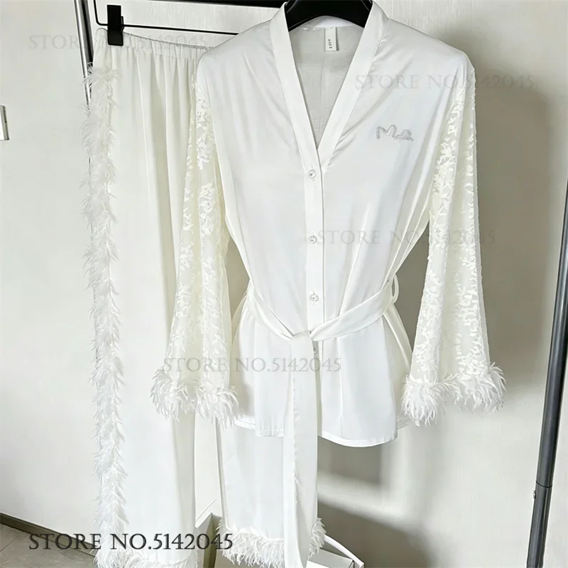 

Sexy Hollow Out Jacquard Trouser Pijamas Suit Luxury Bride Wedding Sleepwear Pajamas Set Loungewear Loose Silk Satin Homewear