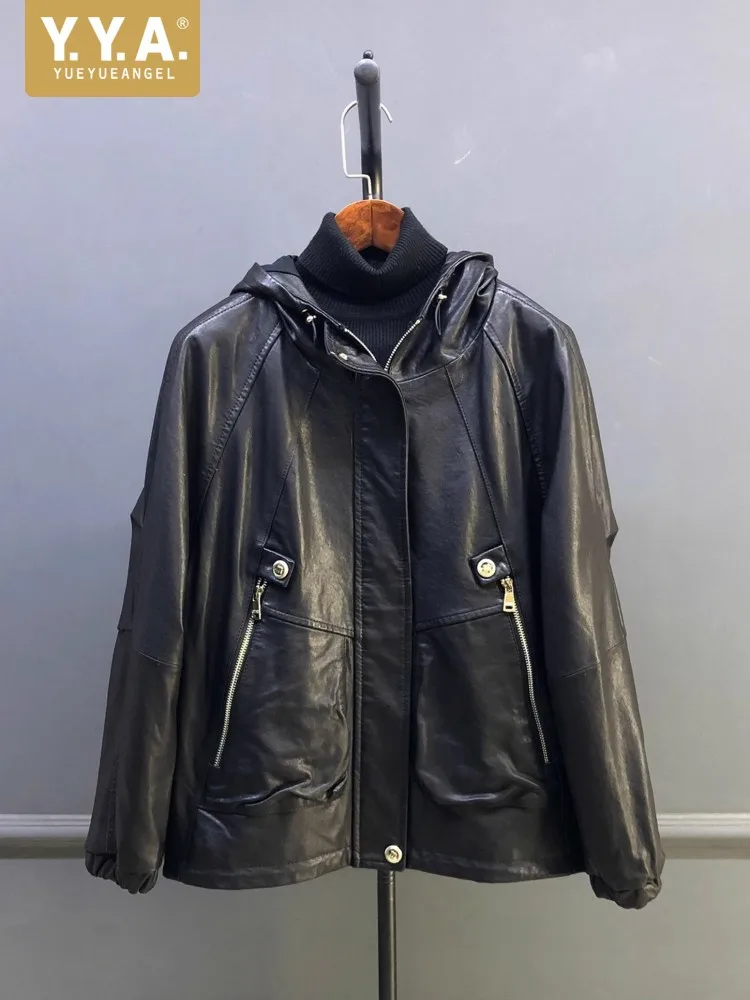 Heißer Verkauf Herbst Frauen Natürliche Schaffell Mit Kapuze Kurze Jacke Mantel Zipper Lose Fit Arbeit Dame Casual Echtes Leder Oberbekleidung