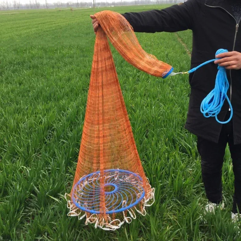 Lawaia Outdoor New Cast Network with Steel Pendant Nylon Braided Line Hand Throw Fishing Net with Big Plastic Blue Ring Network