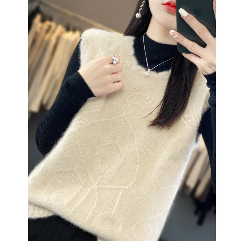 Spring Autumn New 100% Wool Vest Women\'s Clothing Round Neck Pullover Vest Fashionable Hook and Flower Sleeveless Camisole Tops