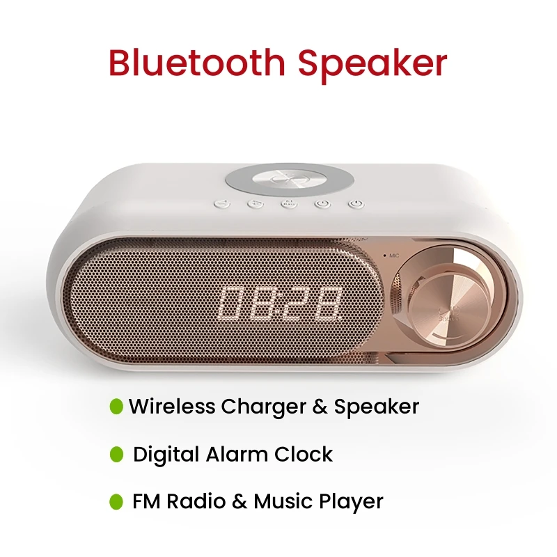 Portable Bluetooth Speaker Subwoofer Mini Home Theater Wireless Charger FM Radio Music Player Digital Alarm Clock for Home