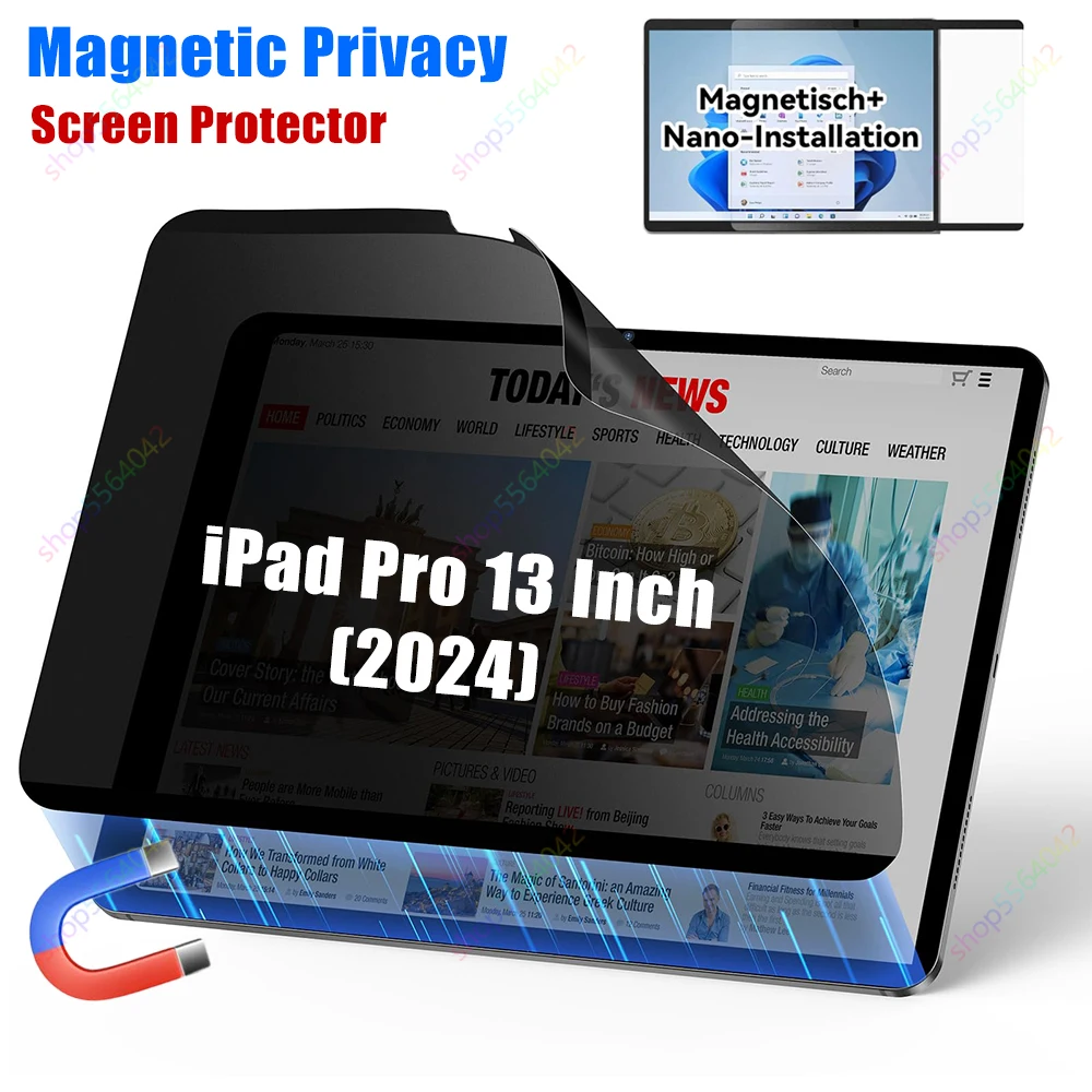 For iPad Pro 13Inch M4 2024 Removable Magnetic Privacy Screen Protector Anti Glare Filter Anti Blue Light Reusable Anti-Spy Film