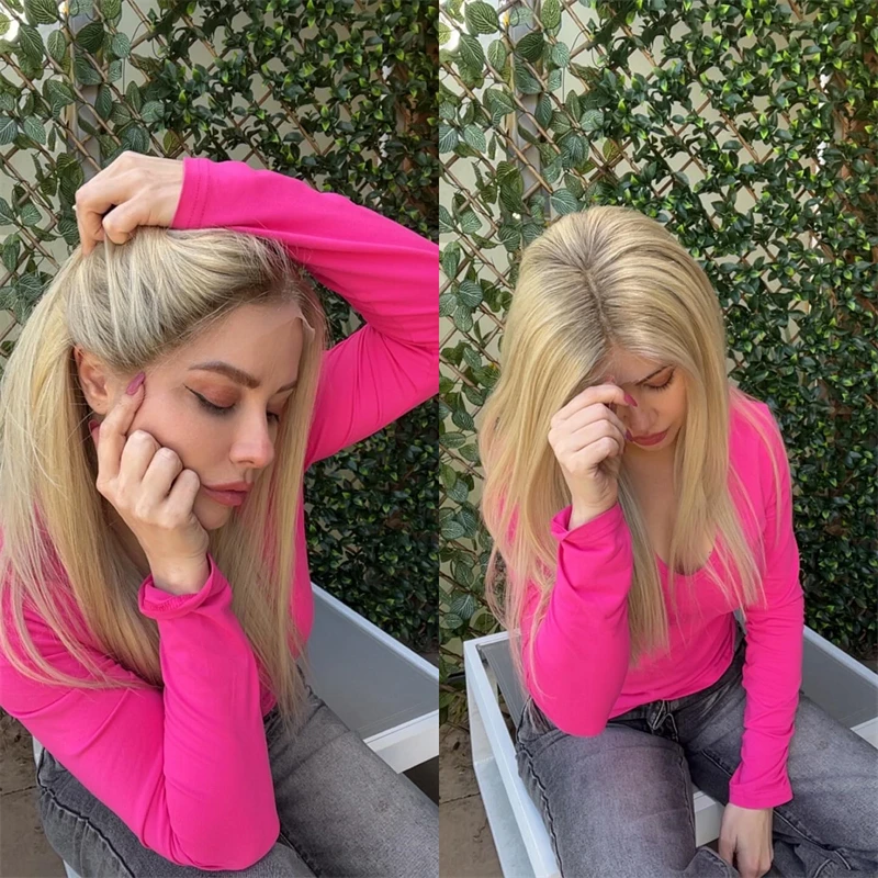 

Хорошее качество 13x4 Ombre Блондинка Синтетический HD Парик Фронта Шнурка Длинный Прямой Парик Натуральный Предварительно Сорванные Волосы Термостойкий Парик