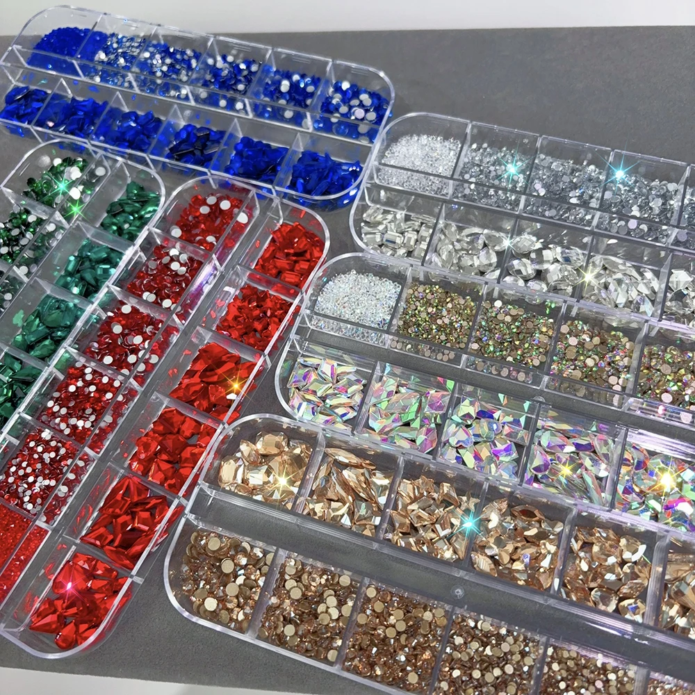 12Grids 3D Red Nail Art Rhinestones Mixed Heart Star Butterfly Round Diamond Nails Decoration Sparkling Gemstones Nails Supplies